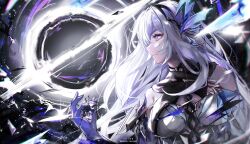 1girl bare_shoulders black_hole breasts butterfly_hair_ornament closed_mouth elbow_gloves genshin_impact gloves hair_between_eyes hair_ornament highres ice korusakku long_hair purple_gloves purple_hair red_eyes skirk_(genshin_impact) solo upper_body