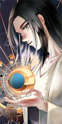 1girl black_hair blue_eyes crescent_moon forehead frieda_reiss from_side head_tilt long_hair looking_at_object moon open_mouth planetarium shingeki_no_kyojin shirt solo star_chart symbolism thick_eyebrows white_shirt yong3