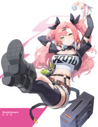 Rule 34 | 1girl, absurdres, belt, black boots, black ribbon, black thighhighs, boots, breasts, cleavage, coin, crop top, detached collar, detached sleeves, dosei, flying, highres, large breasts, long hair, nicole demara, open fly, pink hair, ribbon, shorts, shrug (clothing), single thighhigh, skindentation, solo, stomach, stuffed toy, thigh strap, thighhighs, twintails, very long hair, zenless zone zero