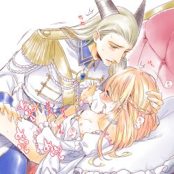 Rule 34 | 1boy, 1girl, blonde hair, blue pants, blush, braid, breasts, buttons, choker, clothed sex, commentary request, couch, couple, crescent, crescent earrings, dragon boy, dragon quest, dragon quest x, dress, drooling, earrings, epaulettes, formal clothes, frilled dress, frilled pillow, frills, golden sash, green eyes, green scales, grey horns, gripping clothes, hair slicked back, hand on another&#039;s head, hand on another&#039;s thigh, heavy breathing, heroine (dq10), hetero, horns, jewelry, kurouzu (dq10), long hair, looking at another, luna27587664, lying, missionary, monster boy, motion lines, nipples, off-shoulder dress, off shoulder, official alternate costume, on back, on couch, open mouth, pants, pillow, pussy juice, sex, shirt, side braid, small breasts, sweat, tears, tongue, vaginal, white background, white choker, white dress, white shirt