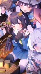 4girls :d black_hair blue_archive blue_serafuku blue_shirt blue_skirt blush brown_eyes brown_gloves brown_hair closed_eyes coke-bottle_glasses commentary_request glasses gloves green_neckerchief grey-framed_eyewear grey_hair headgear helmet highres knee_pads leaf leaf_on_head long_hair miyako_(blue_archive) miyu_(blue_archive) moe_(blue_archive) multiple_girls neckerchief open_mouth pantyhose pink_gloves pink_neckerchief pleated_skirt profile purple_eyes rabbit_platoon_(blue_archive) red_eyes round_eyewear sailor_collar saki_(blue_archive) school_uniform serafuku shiika_yuno shirt skirt smile v very_long_hair white_helmet white_pantyhose white_sailor_collar
