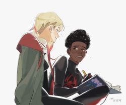 1boy 1girl animal_print black_bodysuit black_hair blonde_hair blue_eyes blush bodysuit brown_eyes closed_mouth commentary_request dark-skinned_male dark_skin dated gradient_hair grey_jacket gwen_stacy highres holding holding_pencil holding_sketchbook hood hooded_bodysuit hooded_jacket jacket korean_commentary lips long_sleeves looking_at_viewer marvel medium_hair miles_morales multicolored_hair open_clothes open_jacket pencil piercing pink_hair puffy_long_sleeves puffy_sleeves red_bodysuit short_hair signature simple_background sitting sketchbook smile sparkle spider-gwen spider-man:_across_the_spider-verse spider-man_(miles_morales) spider-man_(series) spider-verse spider_print spiderbbac superhero_costume teeth two-tone_bodysuit white_background white_bodysuit