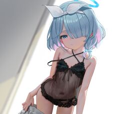 1girl :/ arona_(blue_archive) asdf64252607 backlighting black_negligee black_panties blue_archive blue_eyes colored_inner_hair flat_chest hair_over_one_eye halo highres lingerie loli looking_at_viewer multicolored_hair navel panties pink_hair see-through_clothes short_hair skirt solo strap_slip underwear undressing