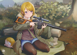 9x39mm 9x39mm_sp-6_7n9 ammunition armor-piercing_ammunition assault_rifle black_pantyhose blonde_hair breasts bullet gun highres hiroki_ree integral_suppressor integrally-suppressed_firearm intermediate_cartridge jacket koizumi_hanayo love_live! love_live!_school_idol_project medium_breasts medium_hair on_ground pantyhose purple_eyes rifle rifle_cartridge seiza shirt short_shorts shorts sitting sniper_rifle subsonic_ammunition suppressor sweater vss_vintorez weapon