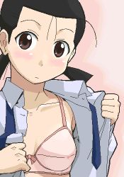 00s 1girl black_hair blush bow bow_bra bra breasts brown_eyes close-up embarrassed female_focus flat_chest lili_stecchin lingerie lowres necktie oekaki open_clothes open_shirt pumpkin_scissors shirt short_hair short_twintails small_breasts solo twintails underwear undressing youkan
