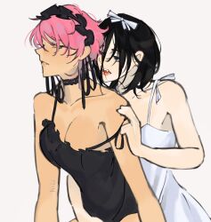 2girls alien_stage arm_around_waist arm_tattoo black_choker black_dress black_eyes black_hair black_headdress bow breasts choker cleavage commentary dress english_commentary fangs hair_bow highres lace lace_choker medium_hair mizi_(alien_stage) multiple_girls official_alternate_costume open_mouth parted_lips pink_hair short_hair sua_(alien_stage) tattoo very_short_hair white_bow white_dress yokii237 yuri