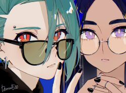 2girls black_nails blue_hair bomm530 bright_pupils close-up eyebrow_piercing face_piercing geeta_(pokemon) glasses green_hair highres looking_at_viewer multiple_girls nail_polish nintendo piercing pokemon pokemon_sv portrait purple_eyes red_eyes rika_(pokemon) round_eyewear signature sunglasses swept_bangs twitter_username white_pupils