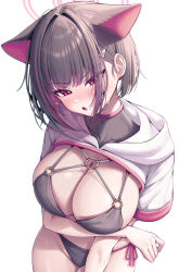 1girl :o animal_ears arm_under_breasts bikini black_bikini black_hair blue_archive blush breasts cat_ears cat_girl cleavage colored_inner_hair commentary_request extra_ears hair_intakes halo head_tilt highres hood hood_down hooded_shrug kazusa_(blue_archive) korean_commentary large_breasts looking_at_viewer metaljelly multicolored_hair nose_blush o-ring o-ring_bikini o-ring_top open_mouth pink_halo red_eyes short_hair short_sleeves shrug_(clothing) side-tie_bikini_bottom simple_background solo swimsuit thighs white_background white_shrug