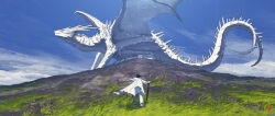 1other blue_sky cane cloud cloudy_sky dragon fantasy grass highres hill monster monster_focus original outdoors scenery sky spines tail taiyakiki-5687 western_dragon white_scales white_wings wings