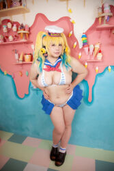 Rule 34 | 1girl, asian, blonde hair, breasts, chouzuki maryou, cosplay, female focus, food, highres, ice cream, lipstick, makeup, nitroplus, photo (medium), plump, solo, super pochaco, super pochaco (cosplay), thick thighs, thighs