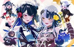 &gt;_&lt; 1boy 3girls absurdres arm_strap asymmetrical_horns belt black_belt black_choker black_dress black_flower black_gloves black_hair black_horns black_jacket black_suit blue_hair blush_stickers box breasts bridal_veil chest_belt chibi chibi_inset choker closed_eyes clothing_cutout collared_shirt colored_inner_hair commentary demon_horns dress english_commentary english_text envelope flower formal_clothes gift gift_box gloves grey_hair hair_between_eyes hair_flower hair_ornament highres hololive hololive_english horn_flower horns jacket jailbird_(nerissa_ravencroft) lace lace_choker large_breasts looking_at_another mole mole_under_eye multicolored_hair multiple_girls nerissa_ravencroft nerissa_ravencroft_(1st_costume) novelites_(shiori_novella) open_mouth pendant_choker red_eyes red_flower red_rose rose shiori_novella shiori_novella_(1st_costume) shirt shoulder_cutout sleeveless sleeveless_dress smile split-color_hair striped_arm_warmers suit suit_jacket two-tone_hair uneven_horns upper_body veil virtual_youtuber white_shirt wife_and_wife yellow_eyes yellow_flower yellow_rose yomosaka yorick_(shiori_novella) yuri