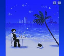 1boy apron beach black_apron black_hair black_pants blue_theme broken building crescent_moon crt cup demitasse_(ru-neo) drinking_glass kaomoji male_focus moon ocean on_chair original outdoors palm_tree pants pillarboxed push-button ru-neo_(neoru18436) shirt shooting_star short_hair sitting skyscraper solo star_(sky) star_(symbol) table tree water white_shirt wide_shot