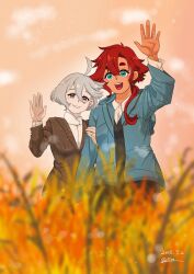 Rule 34 | 2girls, 715piro gon, absurdres, ahoge, artist name, black jacket, blue eyes, blue jacket, blurry, blurry foreground, commentary request, dark-skinned female, dark skin, dated, grey eyes, grey hair, gundam, gundam suisei no majo, highres, jacket, jewelry, long hair, long sleeves, miorine rembran, multiple girls, open mouth, outdoors, parted lips, red hair, ring, shirt, short hair, smile, suletta mercury, thick eyebrows, waving, wedding ring, white shirt, wife and wife, yuri