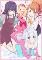Rule 34 | 4girls, :o, ;d, all fours, apron, aqua eyes, ass, bad id, bad pixiv id, barefoot, black hair, blonde hair, blush, bow, bowtie, breasts, brown eyes, brown hair, butt crack, clenched hands, closed eyes, collarbone, commentary request, criss-cross halter, downblouse, dress, employee uniform, eromanga sensei, green shirt, hair bow, hairband, halterneck, hand on own chest, hand on own hip, highres, izumi sagiri, jinno megumi, looking at viewer, multiple girls, no bra, one eye closed, open mouth, pajamas, pink bow, pink dress, pink eyes, pleated skirt, pointy ears, ponytail, red bow, red hairband, school uniform, serafuku, shirt, short-sleeved sweater, short sleeves, silver hair, skirt, small breasts, smile, sweater, takasago tomoe, tanaka kii, translation request, v-shaped eyebrows, yamada elf, yellow bow, yellow neckwear