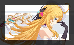 1girl absurdres ahoge alternate_costume bare_shoulders black_gloves blonde_hair blue_eyes cancancancan chair elbow_gloves escoffier_(genshin_impact) genshin_impact gloves hair_ornament hat highres long_hair looking_at_viewer sitting smile solo