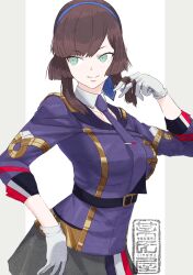 1girl artist_logo black_hair black_skirt blue_hairband blue_ribbon boushi-ya breasts brown_hair freckles gloves green_eyes grey_background hair_ribbon hairband jacket kantai_collection logo long_hair looking_at_viewer mogador_(kancolle) necktie purple_jacket ribbon skirt solo white_background white_gloves
