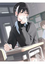 1girl absurdres black_hair black_jacket classroom closed_mouth cross cross_earrings desk ear_piercing earrings highres holding holding_pen indoors jacket jewelry long_sleeves multicolored_hair notice_lines original pen piercing rerrere school_desk solo_focus streaked_hair white_hair yellow_eyes
