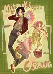 2girls bag black_hair black_shoes blush character_name collared_shirt commentary english_commentary english_text eyewear_strap full_body glasses green_background green_shirt grey_eyes grid_background headscarf highres holding holding_bag jacket kininatteru_hito_ga_otoko_ja_nakatta koga_mitsuki loafers long_sleeves multiple_girls neckerchief oosawa_aya open_clothes open_jacket orange_eyes orange_hair pants pants_under_skirt parted_bangs pink_headscarf pink_skirt punsai red_jacket sandals shirt shirt_tucked_in shoes short_hair skirt striped_clothes striped_shirt vertical-striped_clothes vertical-striped_shirt