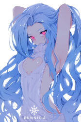 1girl arm_tattoo armpits arms_behind_head artist_name blue_hair breasts bunnixia cleavage cleavage_cutout closed_mouth clothing_cutout cloud_tattoo commentary english_commentary fang glowing glowing_eyes jinx_(league_of_legends) league_of_legends long_hair looking_at_viewer meme_attire pink_eyes shiny_skin simple_background small_breasts smile solo stomach_tattoo sweater tattoo turtleneck turtleneck_sweater very_long_hair virgin_killer_sweater white_background white_sweater