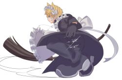 1boy alternate_costume ao_ringo_(yakirinngo_ha) apron black_dress black_gloves blonde_hair broom crossdressing crossdressing_(mtf) dress enmaided frilled_apron frills gloves holding holding_broom kingdom_hearts maid maid_apron maid_headdress male_focus male_maid roxas short_hair weapon white_apron