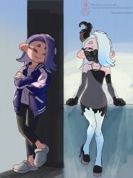 1girl absurdres artist_name asymmetrical_bangs bare_shoulders black_dress black_footwear black_gloves black_leggings black_mask blue_hair blue_jacket blue_pantyhose breasts cephalopod_eyes clenched_hands closed_mouth collarbone commentary_request crossed_arms dress earrings elbow_gloves full_body gloves hair_over_one_eye highres horizontal_pupils jacket jewelry jounetsu_(jonetunoaoitako) leggings letterman_jacket looking_at_viewer mask medium_hair mouth_mask multiple_earrings multiple_views necklace nintendo octoling official_alternate_costume one_eye_covered open_clothes open_jacket pantyhose red_eyes shirt shiver_(frostyfest)_(splatoon) shiver_(splatoon) small_breasts smile splatoon_(series) splatoon_3 standing standing_on_one_leg strapless strapless_dress tentacle_hair tentacle_hair_ornament tooth_earrings watermark white_footwear white_shirt