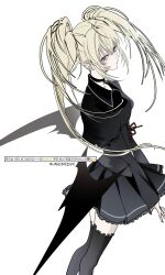 1girl absurdres black_corset black_dress black_thighhighs blonde_hair choker corset dress fovopobo hair_between_eyes highres hoshina_utau korean_text magical_girl profile puffy_sleeves purple_eyes shugo_chara! sidelocks simple_background solo thighhighs translation_request twintails white_background wings