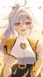 1girl bangle bracelet chinese_commentary commentary_request falling_leaves food hair_between_eyes hair_ornament hairclip high_ponytail highres holding holding_food jacket jewelry leaf long_hair looking_at_viewer making-of_available mole mole_under_eye open_clothes open_jacket open_mouth ponytail revision shirt so_zei_tama_tama solo teeth turtleneck upper_body upper_teeth_only white_hair white_shirt yellow_eyes yellow_jacket yijiang_(zenless_zone_zero) zenless_zone_zero