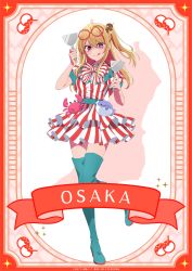 1girl :q absurdres anime_coloring aqua_boots aqua_thighhighs blonde_hair blush boots bow bowtie crab dress eyewear_on_head food-themed_hair_ornament hair_between_eyes hair_ornament highres holding hoshino_ruby long_hair looking_at_viewer official_art oshi_no_ko pink_eyes semi-rimless_eyewear short_sleeves simple_background smile solo star-shaped_pupils star_(symbol) striped_bow striped_bowtie striped_clothes striped_dress symbol-shaped_pupils takoyaki_hair_ornament thighhighs tongue tongue_out