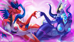 2girls alanscampos black_sclera blue_nipples breasts colored_nipples colored_sclera furry furry_female heart_gesture highres koraidon large_breasts mechabare miraidon multiple_girls nintendo nipples pokemon pokemon_(creature) pussy reptile_girl tail yellow_eyes