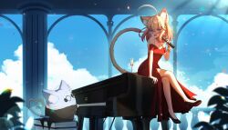 1girl :3 ahoge alternate_costume animal_ear_fluff animal_ears bare_shoulders black_shoes black_suit blonde_hair blue_eyes blue_sky blush cat_ears cat_girl cat_tail champagne_flute closed_mouth cloud column cup day dress drinking_glass fang formal_clothes glasses grey-framed_eyewear high_heels highres holding holding_microphone indie_virtual_youtuber instrument keipup leaf medium_hair microphone minikomew minyan_(minikomew) music open_mouth pillar plant playing_instrument playing_piano red_dress round_eyewear shoes short_sleeves sitting_on_piano sky smile sparkle suit tail virtual_youtuber