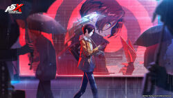 Rule 34 | 1boy, absurdres, artist request, bag, black bag, cellphone, closed eyes, copyright name, grey pants, highres, holding, holding phone, holding umbrella, hood, hood down, hoodie, jacket, kamishiro nagisa, long sleeves, looking at another, male focus, official art, open clothes, open jacket, outdoors, pants, persona, persona 5, persona 5: the phantom x, phone, plaid clothes, plaid pants, profile, rain, red eyes, red hair, school bag, school uniform, third-party source, transparent, transparent umbrella, umbrella, walking, white hoodie, wonder (p5x), yellow jacket