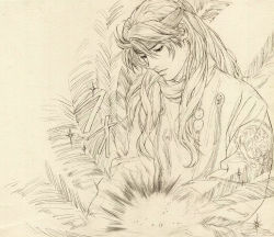 1boy chopping chuuka_ichiban! closed_mouth cooking food glowing headband highres jewelry lan_fei_hong lips long_hair long_sleeves looking_down male_focus monochrome natsuhiro pendant scarf shirt simple_background sketch solo sound_effects tofu upper_body