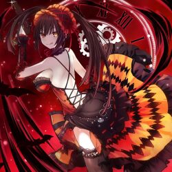 1girl bare_shoulders black_hair blush breasts cleavage clock_eyes date_a_live dress gothic_lolita gun hairband heterochromia highres holding holding_gun holding_weapon large_breasts lolita_fashion lolita_hairband long_hair looking_at_viewer looking_back red_eyes roman_numeral saint_laurent_paris smile solo symbol-shaped_pupils thighhighs tokisaki_kurumi tongue tongue_out twintails uneven_twintails weapon yellow_eyes