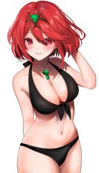 Rule 34 | 1girl, arm behind back, arm up, asada sadao, bikini, black bikini, breasts, cleavage, closed mouth, earrings, front-tie bikini top, front-tie top, halterneck, hand in own hair, highres, jewelry, large breasts, light smile, navel, pyra (xenoblade), red eyes, red hair, short hair, simple background, smile, solo, stomach, swimsuit, tiara, watermark, white background, xenoblade chronicles (series), xenoblade chronicles 2