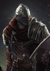 1other absurdres amazuya_azuma ambiguous_gender armor artist_name belt brown_belt brown_gloves chain chosen_undead commentary_request dark_souls_(series) dark_souls_i embers gauntlets gloves grey_background helm helmet highres holding holding_shield looking_to_the_side shield shoulder_plates solo upper_body