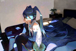 1girl absurdres aqua_eyes aqua_hair aqua_necktie bed bedroom blanket blue_sleeves commentary detached_sleeves green_skirt grey_shirt hair_between_eyes hand_on_own_cheek hand_on_own_face hatsune_miku headset highres indoors lampshade light_rays long_hair looking_at_viewer necktie number_tattoo picture_frame pillow plant pleated_skirt potted_plant shirt sitting skirt solo sunbeam sunlight tattoo thighhighs twintails very_long_hair vocaloid window_shadow yenkurl