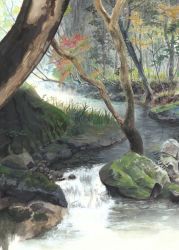 autumn autumn_leaves branch bush cosmic_(crownclowncosmic) day forest grass leaf moss mud nature no_humans outdoors river rock scenery splashing stone sunlight tree_stump water waterfall
