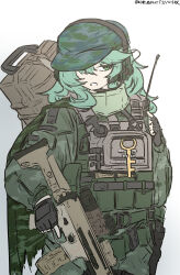 1girl absurdres adapted_costume black_gloves box commentary_request dated fingerless_gloves flat_cap gloves gradient_background green_eyes green_hair gun hat headset highres holding holding_gun holding_weapon key long_sleeves medium_hair military_uniform one-hour_drawing_challenge open_mouth rifle simple_background solo touhou ve1024 weapon white_background yamashiro_takane