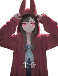 1girl adjusting_clothes adjusting_headwear animal_ear_hood arms_up asymmetrical_bangs birthday black_shirt blunt_bangs borrowed_character braid brown_hair closed_mouth collarbone collared_shirt commentary_request dot_nose eyebrows_hidden_by_hair fake_animal_ears furrowed_brow gift_art grey_neckerchief grey_shirt hair_ornament hair_over_shoulder hair_tie hairpin hands_on_headwear highres hood hooded_jacket jacket light_blush light_frown long_eyelashes long_hair long_sleeves looking_at_viewer low-tied_long_hair narrowed_eyes neckerchief open_clothes open_jacket original parted_bangs red_eyes red_jacket serious shirt sidelocks simple_background sleeves_past_wrists slit_pupils solo straight-on thick_eyelashes translation_request twin_braids two-tone_shirt upper_body v-shaped_eyebrows vertigris white_background wing_collar