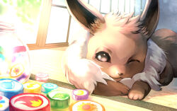 animal_focus aotsuki black_eyes bowl closed_mouth creatures_(company) day eevee elemental_fire_symbol game_freak gen_1_pokemon indoors lightning_bolt_symbol nintendo no_humans one_eye_closed pokemon pokemon_(creature) pokemon_focus signature solo window