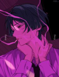 Rule 34 | 1boy, alternate costume, bags under eyes, black eyes, black hair, black necktie, blunt ends, cigarette, collared shirt, contemporary, empty eyes, english text, formal clothes, genshin impact, hands on own neck, highres, kzueei, looking to the side, male focus, messy hair, necktie, open hands, parted lips, portrait, purple theme, rolling eyes, scaramouche (genshin impact), shirt, smoke, smoking, solo, sweat, twitter username, watermark, white mouth, white shirt, white sleeve cuffs, white sleeves, wispy bangs