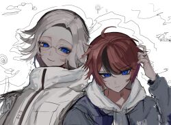 2boys ahoge aotsuki_eito black_hair blue_eyes closed_mouth highres long_sleeves male_focus messy_hair multicolored_hair multiple_boys parted_hair red_hair simple_background sumino_takumi the_hundred_line_-last_defense_academy- upper_body white_background white_hair