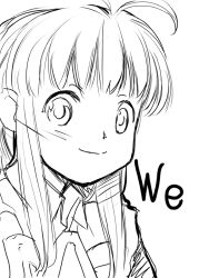1girl female_focus greyscale happy long_hair looking_at_viewer monochrome os-tan simple_background smile solo we-tan white_background