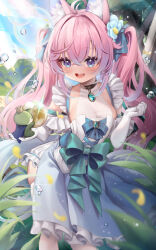 1girl ahoge animal animal_ear_fluff animal_ears bad_source blush bow breasts cleavage day dress dress_bow elbow_gloves flower fox_ears fox_girl frilled_dress frills gloves gradient_hair hair_between_eyes hair_flower hair_ornament hand_up highres holding holding_animal indie_virtual_youtuber long_bangs long_hair multicolored_hair nature official_art open_mouth outdoors pink_hair plant purple_eyes see-through_clothes sidelocks smile solo standing teeth teletha_(vtuber) thighhighs twintails upper_teeth_only virtual_youtuber white_gloves white_thighhighs