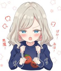 1girl :o absurdres alt_text angry blue_eyes blue_sweater blush ceras_yanagida_lilienfeld commentary_request cosplay cropped_torso grey_hair hair_ribbon hanazora_satsuki highres link!_like!_love_live! long_hair long_sleeves looking_at_viewer love_live! murano_sayaka murano_sayaka_(cosplay) murano_sayaka_(summer_loungewear) open_mouth pink_ribbon print_sweater puff_of_air ribbon solo star_(symbol) star_symbol_background sweater tomato_print translation_request v-shaped_eyebrows virtual_youtuber white_background