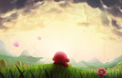 cloud cloudy_sky colored_skin flower heart highres kirby kirby:_star_allies kirby_(series) long_shadow mountain nintendo no_humans outdoors pink_flower pink_skin red_shoes shoes sky solo standing sunrise suyasuyabi