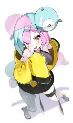 Rule 34 | 1girl, absurdres, aqua hair, bare shoulders, black jacket, blunt ends, blush, boots, bow-shaped hair, breasts, character hair ornament, collarbone, commentary, double bun, fake hair bun, from above, grey boots, grey pantyhose, grey shirt, hair bun, hair ornament, highres, iono (pokemon), jacket, karas (10 9), long hair, looking at viewer, multicolored eyes, multicolored hair, multicolored jacket, nintendo, open mouth, pantyhose, pink eyes, pink hair, pokemon, pokemon sv, sharp teeth, shirt, simple background, single leg pantyhose, sleeveless, sleeveless shirt, sleeves past fingers, sleeves past wrists, smile, solo, split-color hair, teeth, thigh strap, thighs, two-tone eyes, two-tone hair, two-tone jacket, very long sleeves, white background, yellow eyes, yellow jacket