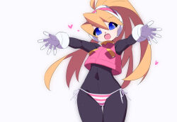 1girl bikini black_bodysuit blue_eyes bodysuit ciel_(mega_man) commentary_request cowboy_shot gloves heart high_ponytail kaidou_zx long_hair mega_man_(series) mega_man_zero_(series) open_mouth pink_bikini pink_shirt ponytail shirt side-tie_bikini_bottom simple_background solo striped_bikini striped_clothes swimsuit white_background white_bikini white_gloves