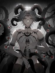 1boy aotsuki_eito arm_tattoo chest_tattoo closed_mouth collarbone demon demon_boy glasses goat_horns grey_background grey_eyes grey_hair highres horns looking_at_viewer male_focus matching_hair/eyes nipples red_eyes solo solo_focus spine tattoo tentacles the_hundred_line_-last_defense_academy- topless_male