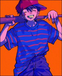 Rule 34 | 1boy, bandaid, bandaid on cheek, bandaid on face, baseball bat, baseball cap, black border, black hair, blue shirt, blue shorts, border, candy, closed eyes, cowboy shot, facing viewer, food, hat, highres, holding, holding baseball bat, kwsby 124, lollipop, male focus, mother (series), mother 1, ninten, nintendo, orange background, shirt, shirt partially tucked in, short sleeves, shorts, sideways hat, simple background, solo, striped clothes, striped shirt